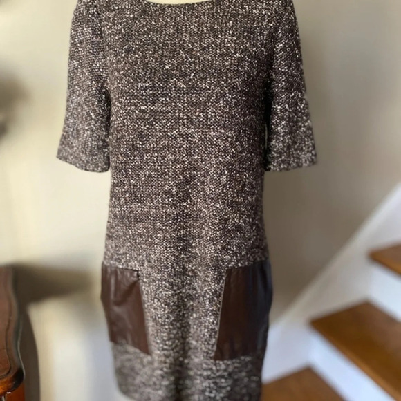 Tibi Wool Brown Tweed Wool & Leather Shift Dress - Picture 7 of 8